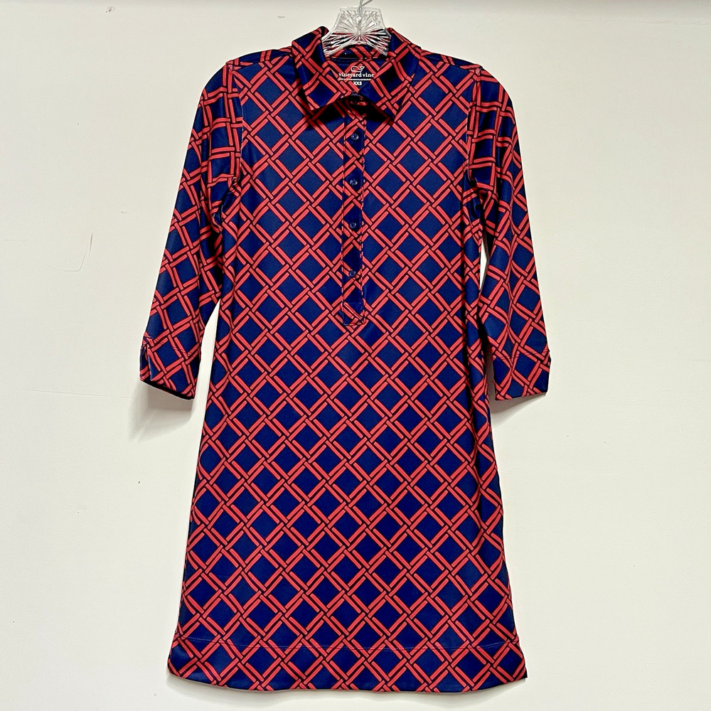 Vineyard Vines Margo Polo Shirt Dress Women XXS Geo Print preppy 3/4 sleeve